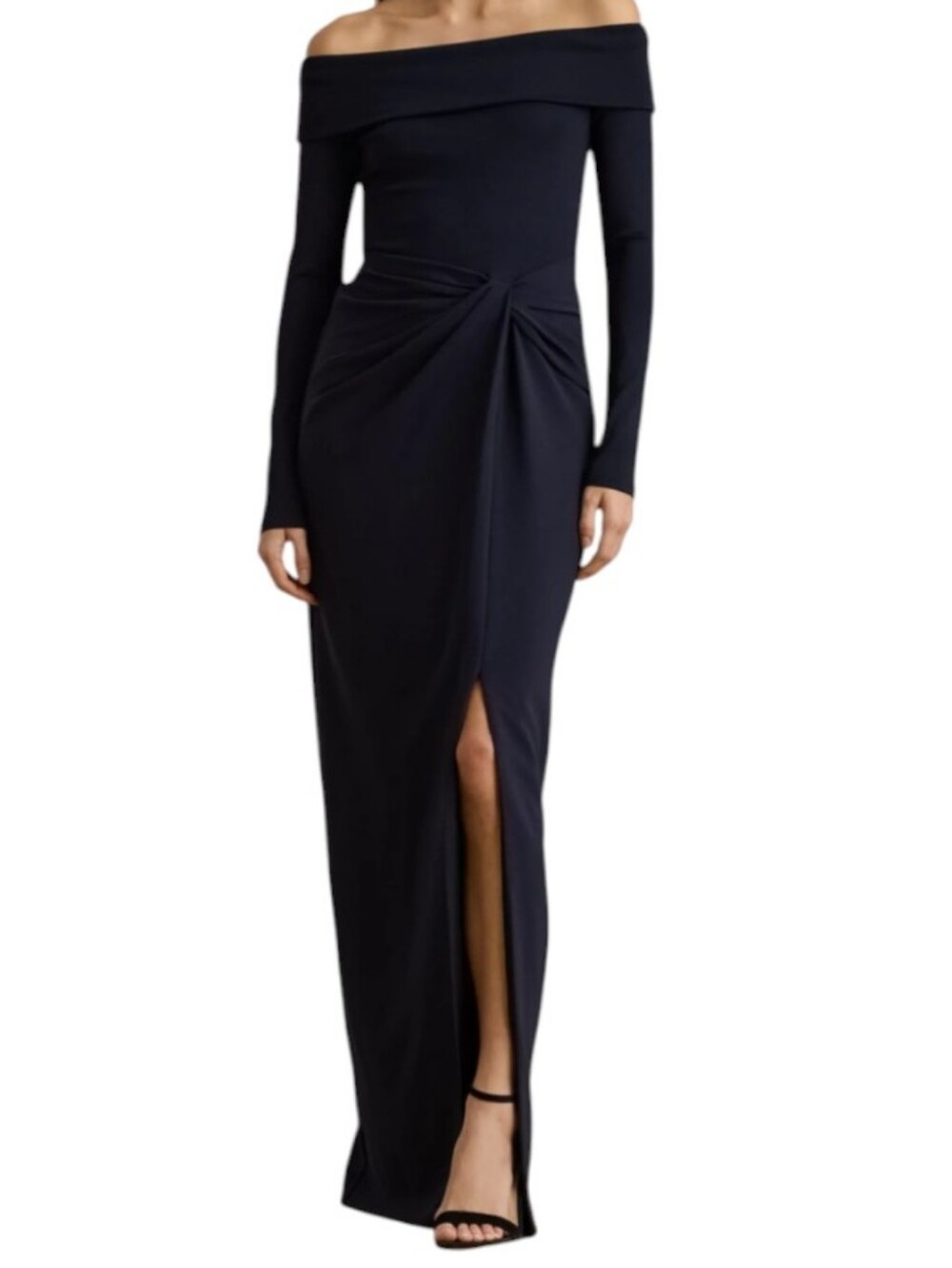 Lauren Ralph Lauren Off the Shoulder Long Sleeve Rib & Crepe Navy Gown. .Size 12